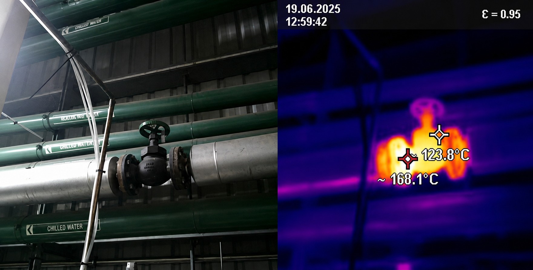 Side-by-side photo and thermal image of an uninsulated hot water valve showing 168°C surface temperature